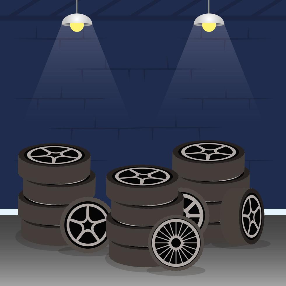 mechanic shop with car tires vector