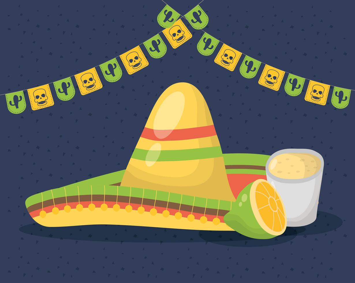 viva mexico celebration with traditional hat vector