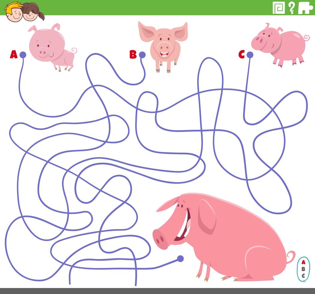 juego educativo de laberinto con lechones de dibujos animados y cerdo vector