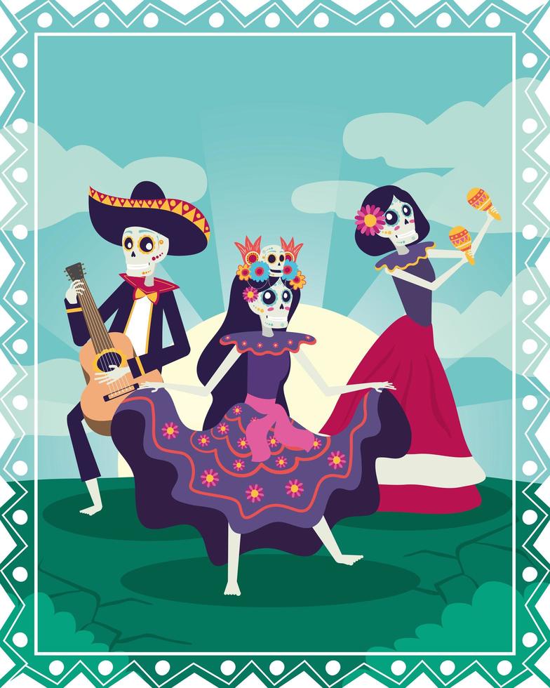 dia de los muertos card with mariachi and catrina skulls vector