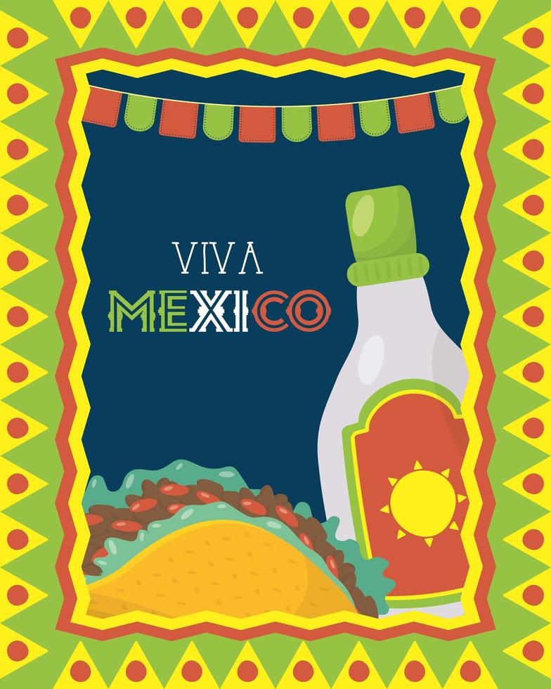 viva mexico celebration with taco and tequila bottle vector
