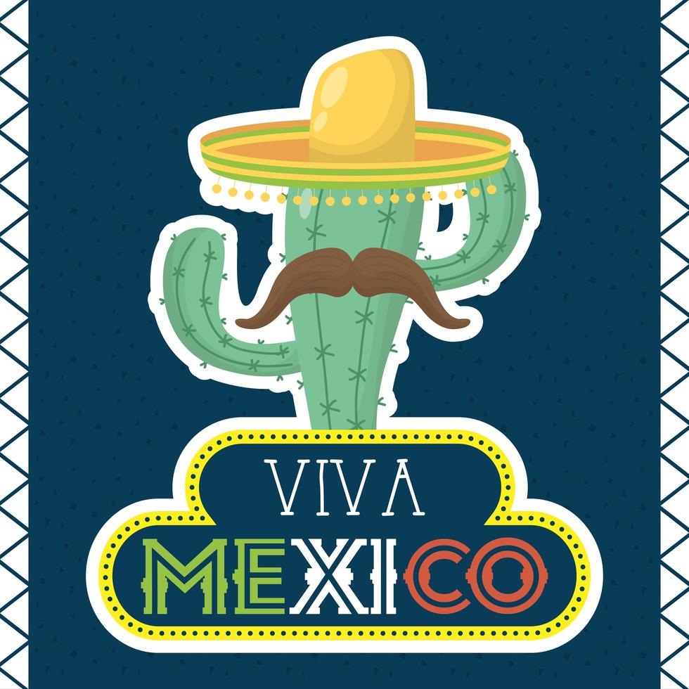 viva mexico celebration with cactus and hat vector