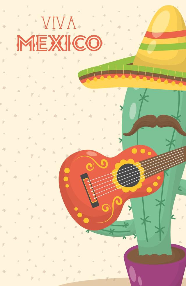 celebración viva mexico con cactus y sombrero vector