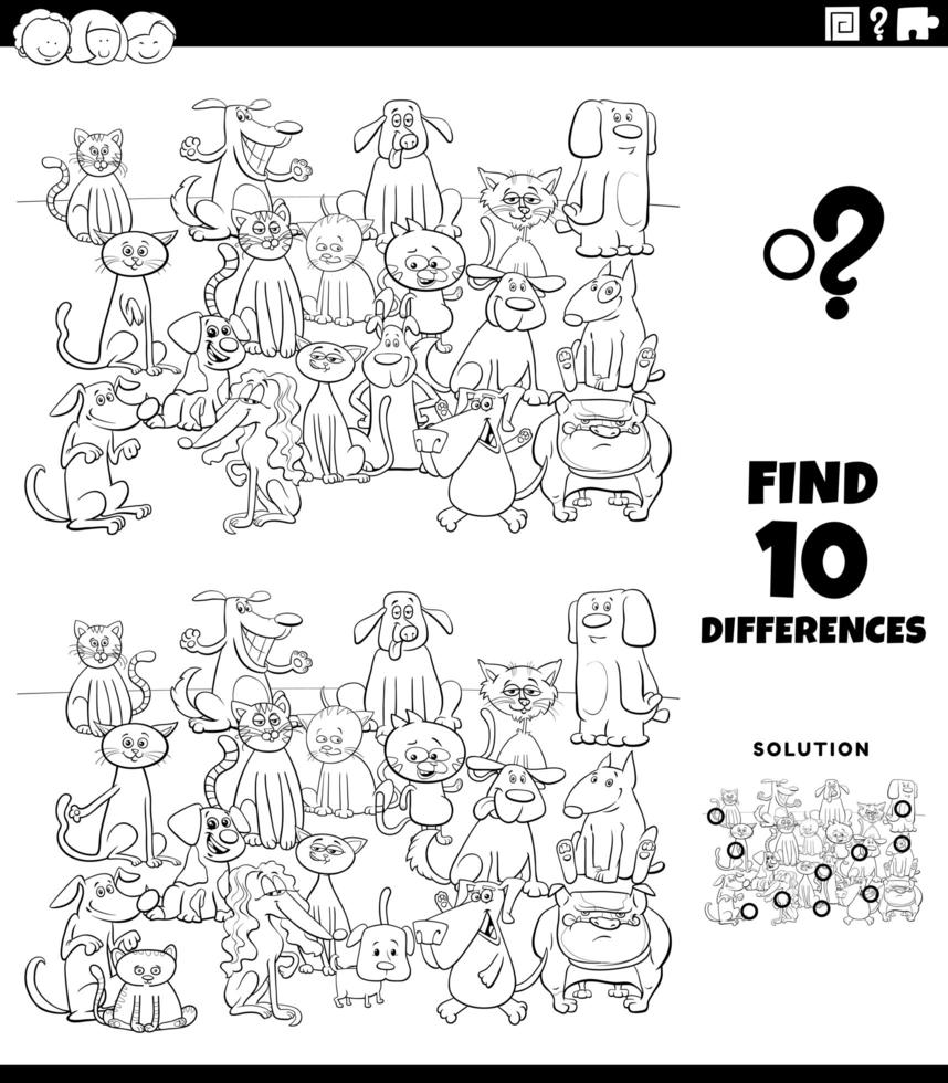 differences educational task with cats and dogs color book page vector