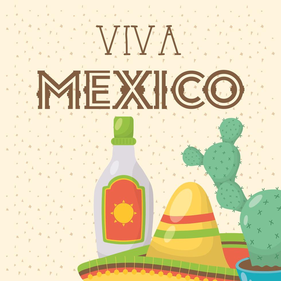 viva mexico celebration with tequila bottle and hat vector