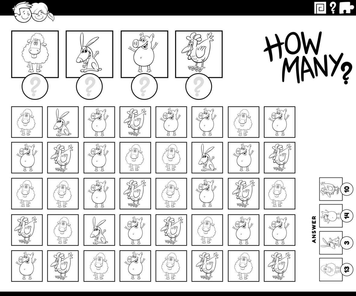 how many farm animals counting task color book page vector