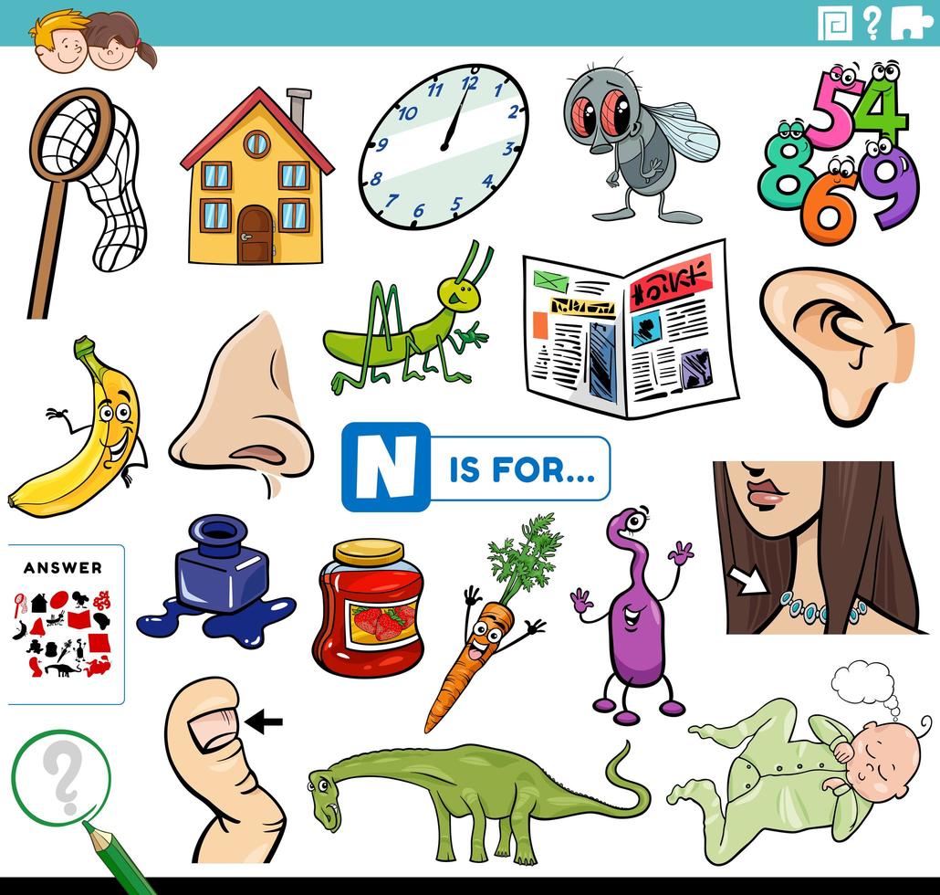 letter n words educational task for children vector