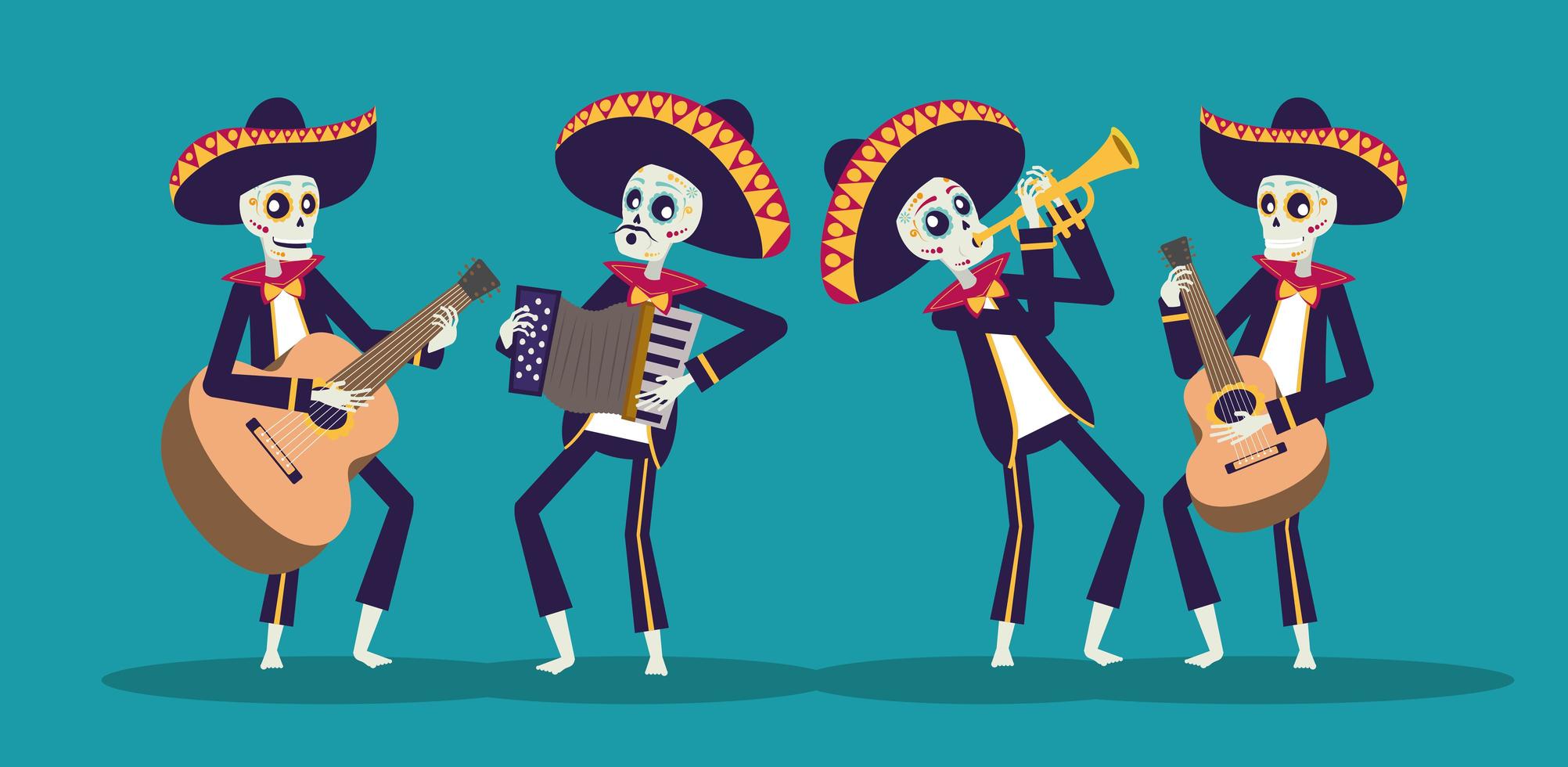 tarjeta dia de los muertos con calaveras mariachis tocando instrumentos vector