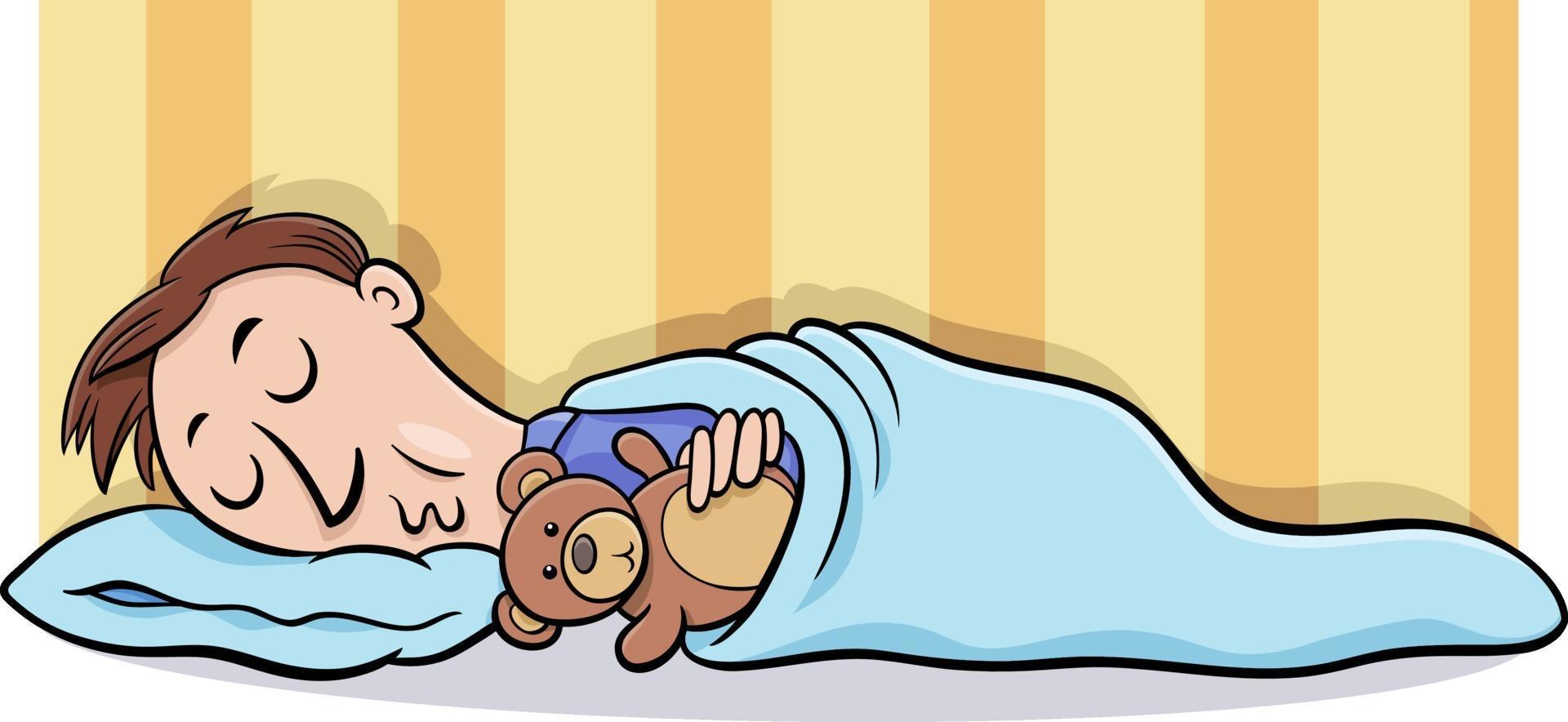 man sleeping with teddy cartoon illustration vector