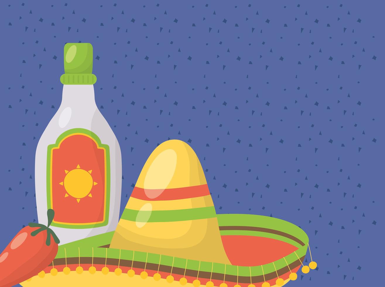 celebración viva mexico con botella de tequila y sombrero vector