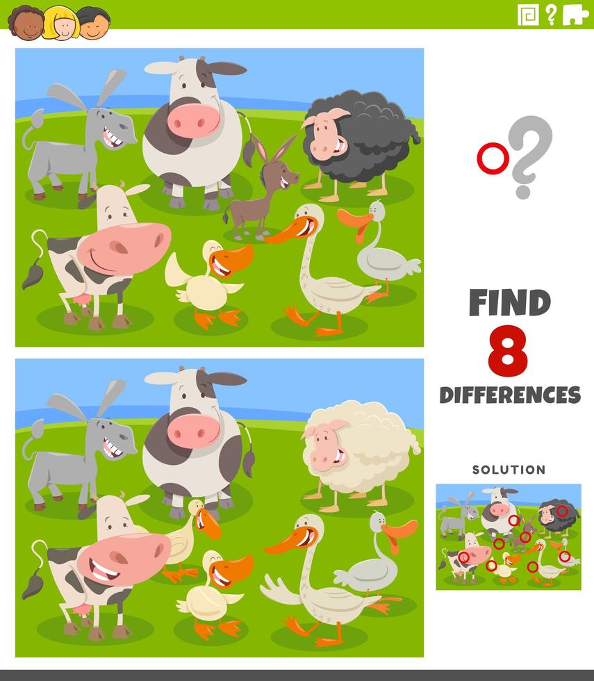 juego educativo de diferencias con animales de granja de dibujos animados vector