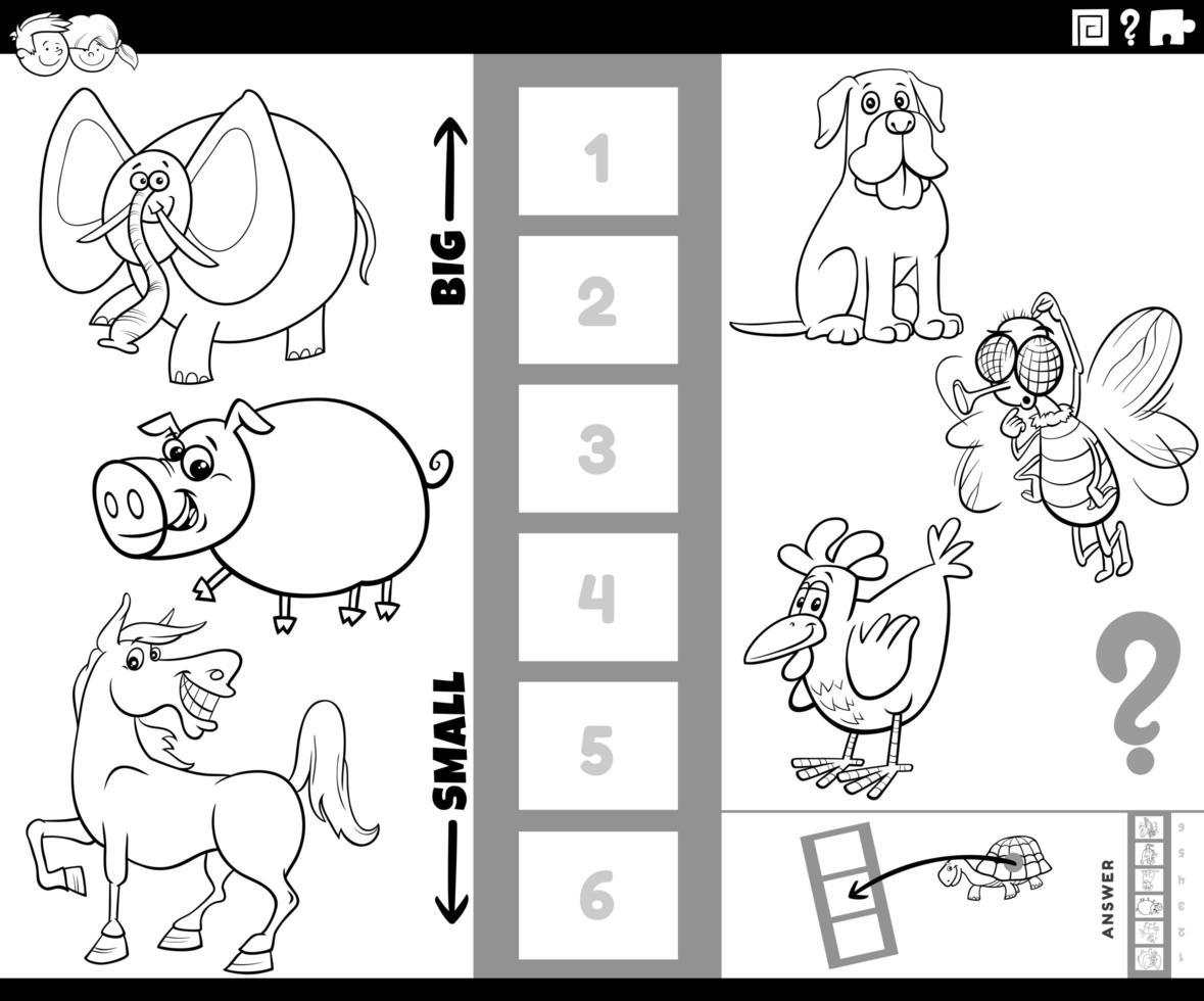 find biggest and smallest animal task coloring book page vector