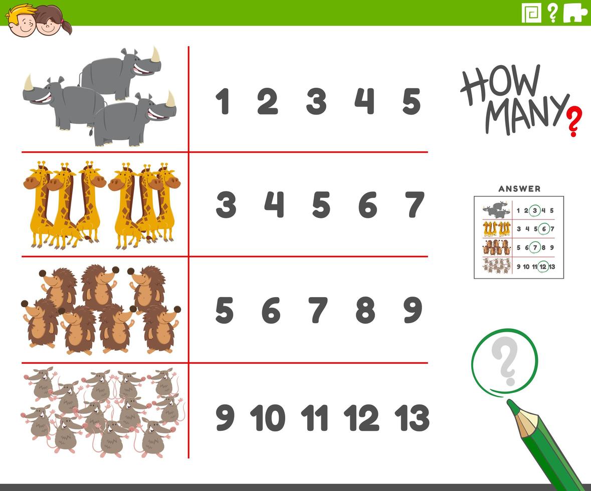 counting activity with cartoon animal characters vector