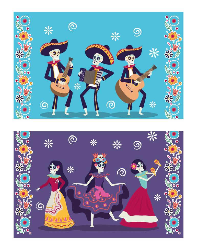 dia de los muertos card with mariachis and catrina skuls vector