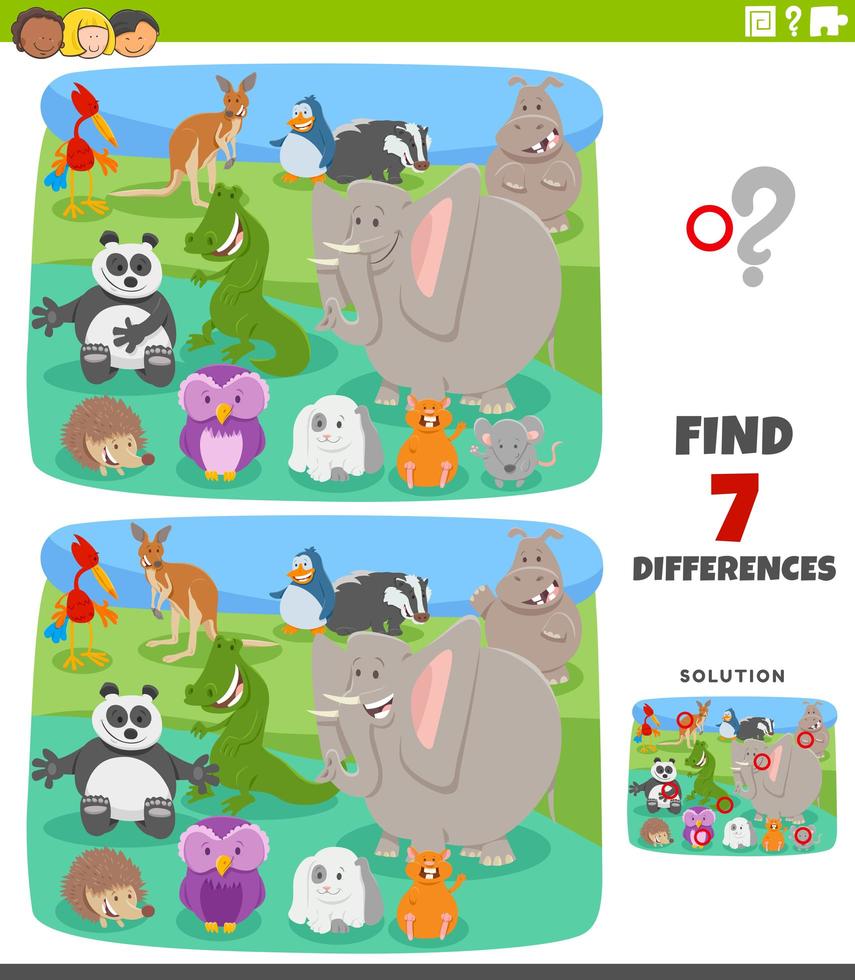 juego educativo de diferencias con animales de dibujos animados vector