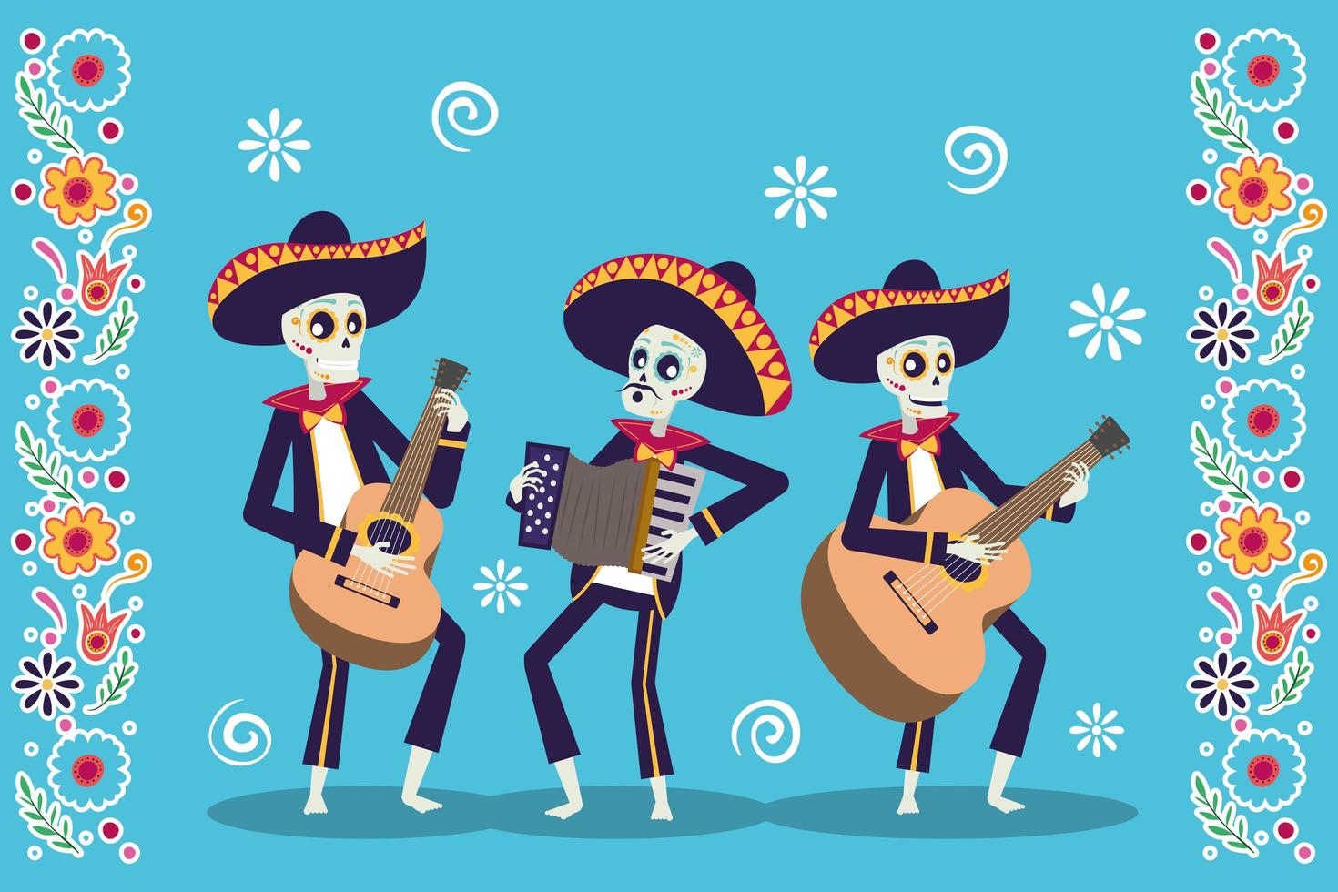 tarjeta dia de los muertos con calaveras mariachis tocando instrumentos vector