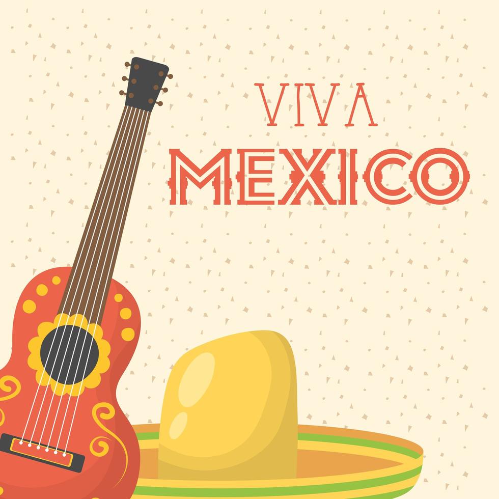 viva mexico celebration with guitar and hat vector