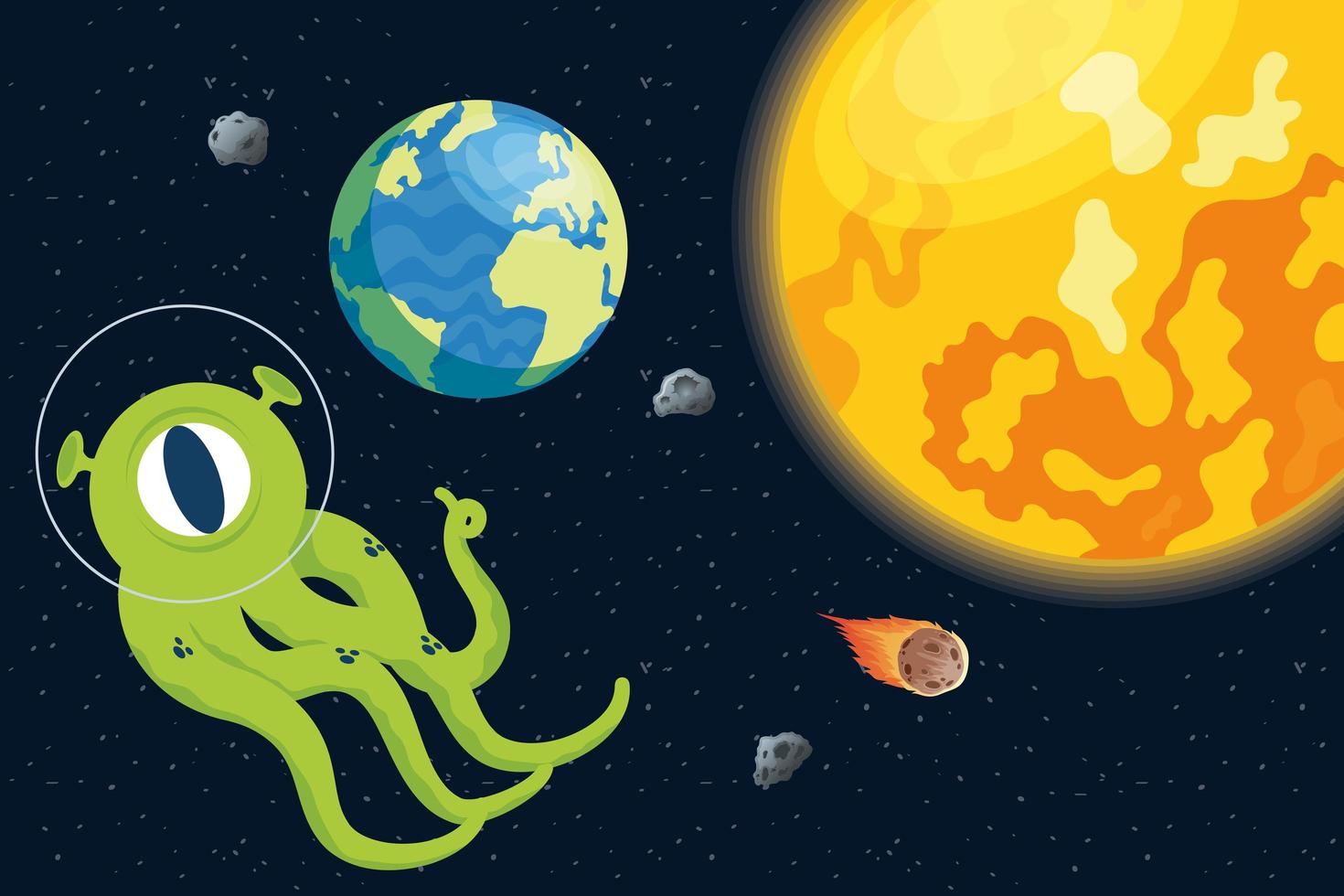 personaje de cómic alienígena con planetas y sol vector