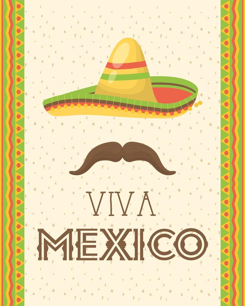 viva mexico celebration with hat and mustache vector