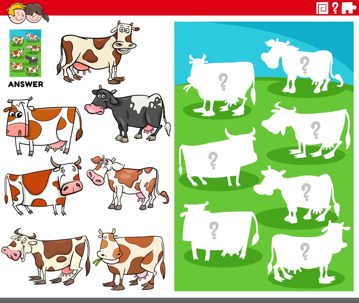 juego de combinación de formas con personajes de vacas de dibujos animados vector