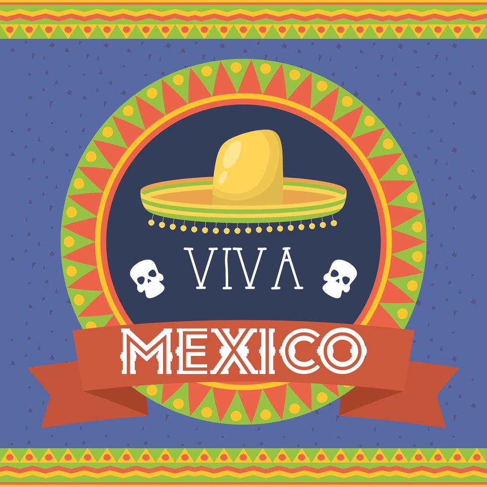 viva mexico celebration with traditional hat vector