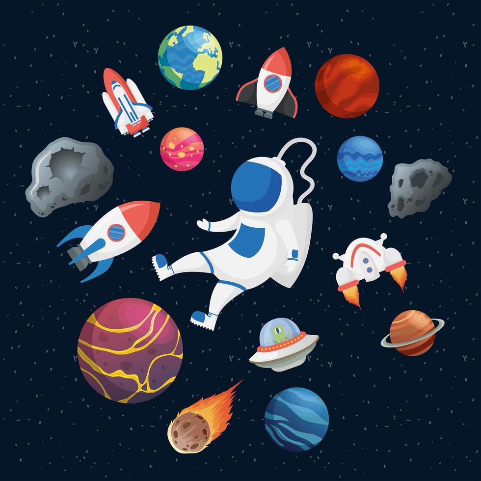 astronauta con iconos espaciales vector