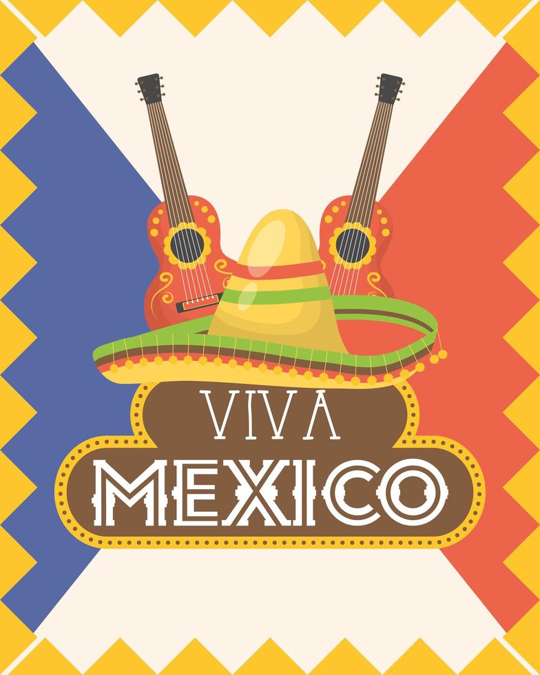 viva mexico celebration with guitar and hat vector