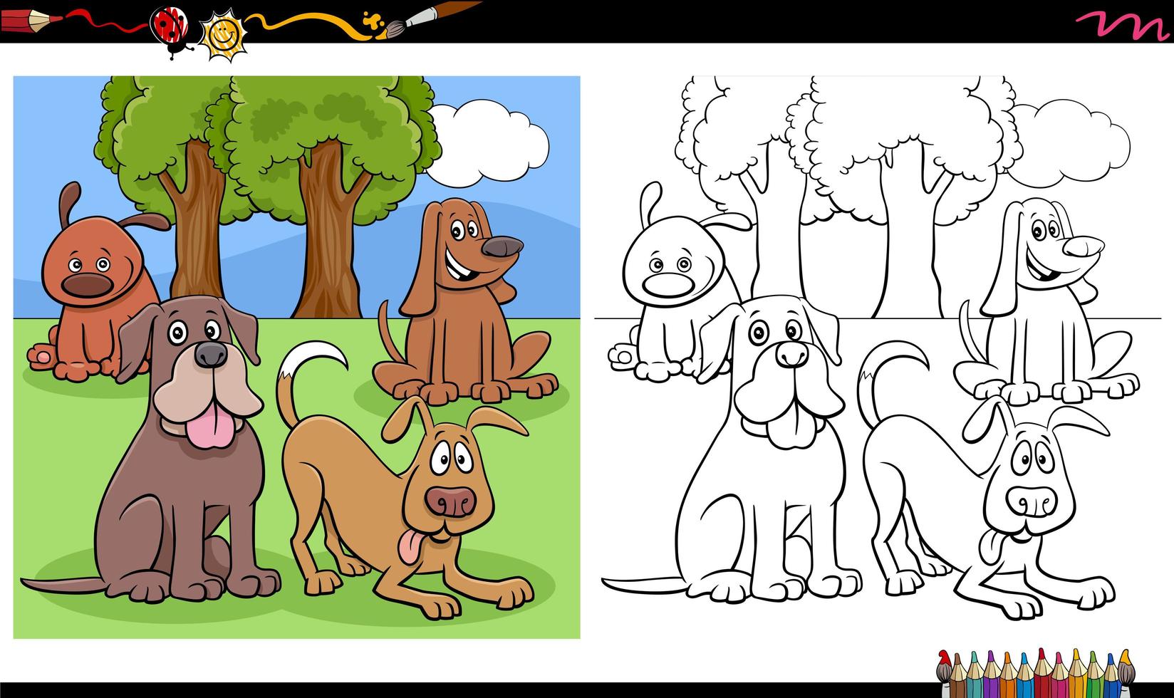 cómic, perros y cachorros, grupo, libro colorear, página vector