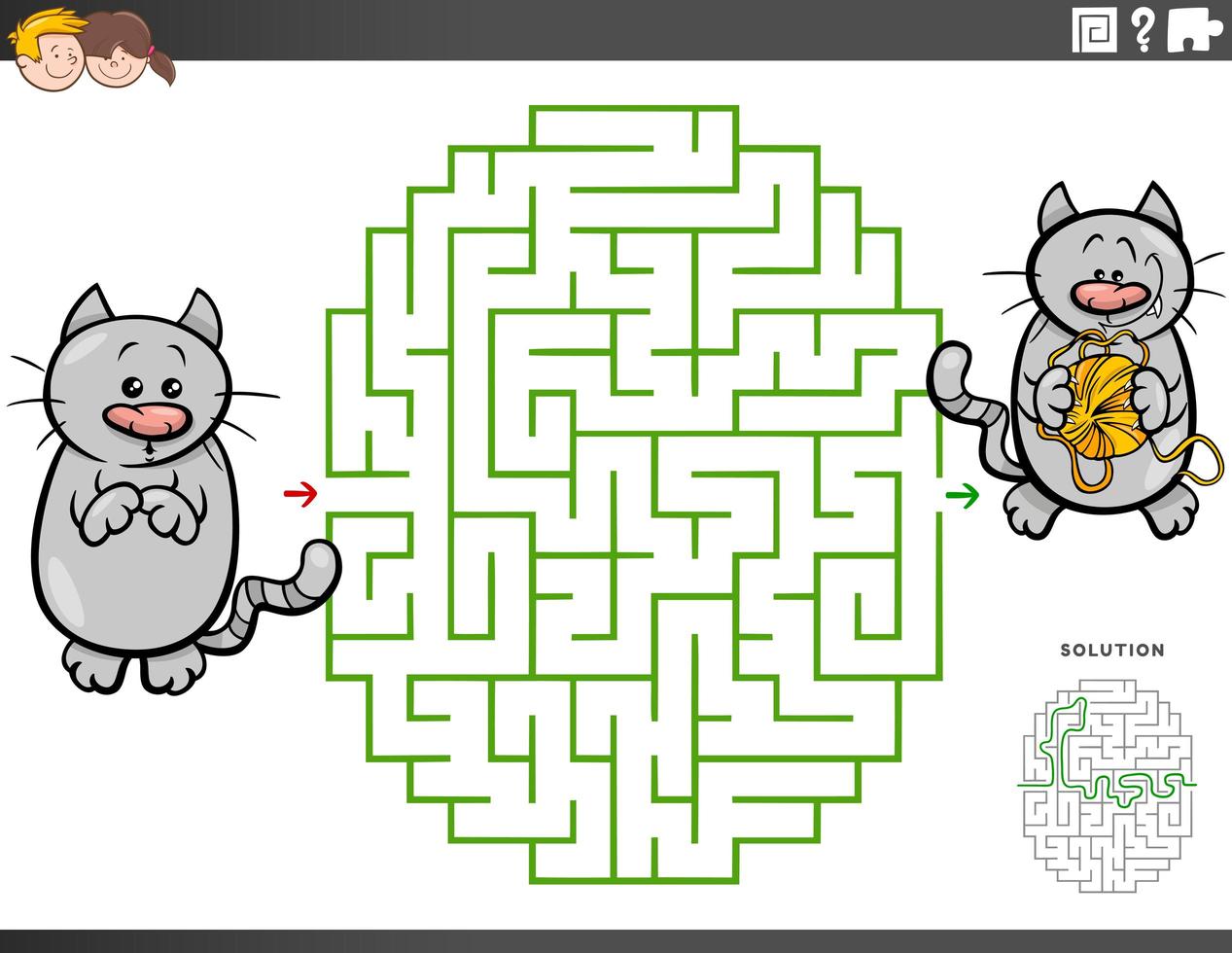 juego educativo laberinto con gato de dibujos animados e hilo vector