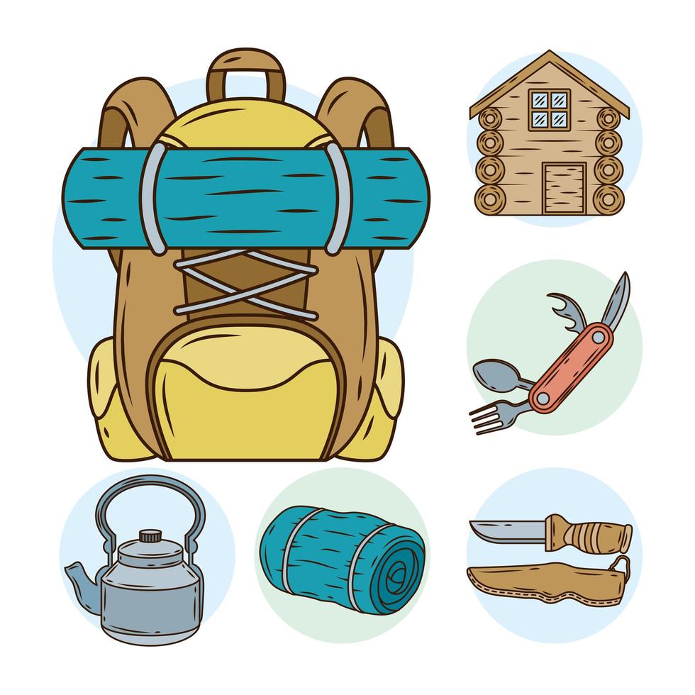 travelbag with bundle of camping line and fill icons vector