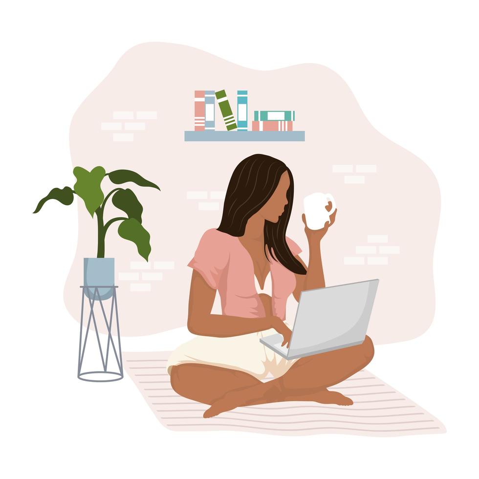 afro young woman using laptop and drinking coffee in the house vector