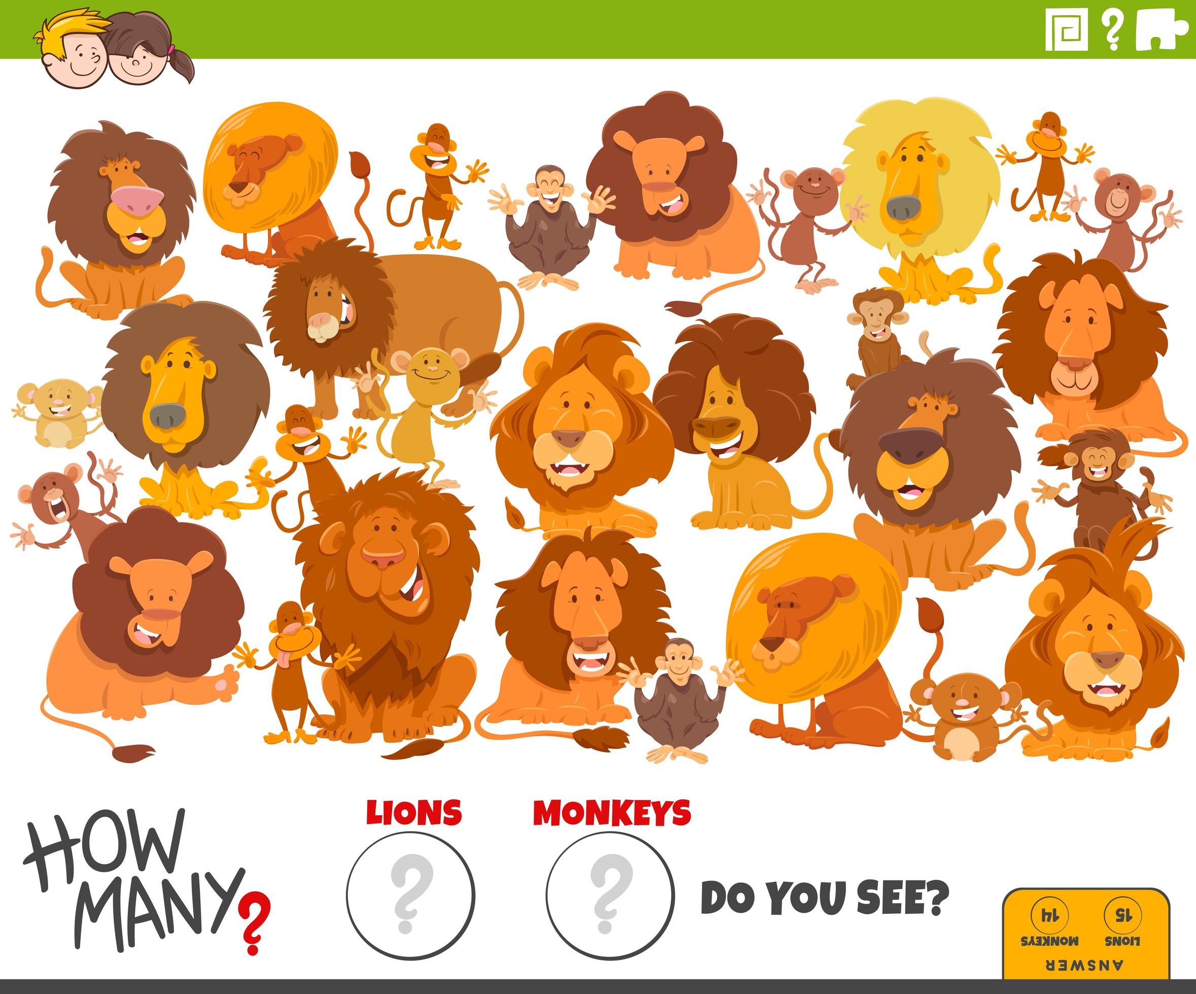 how many lions and monkeys educational task for children 1942641 Vector