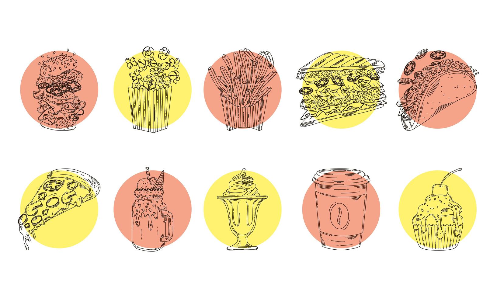 paquete de diez iconos dibujados a mano de comida rápida vector