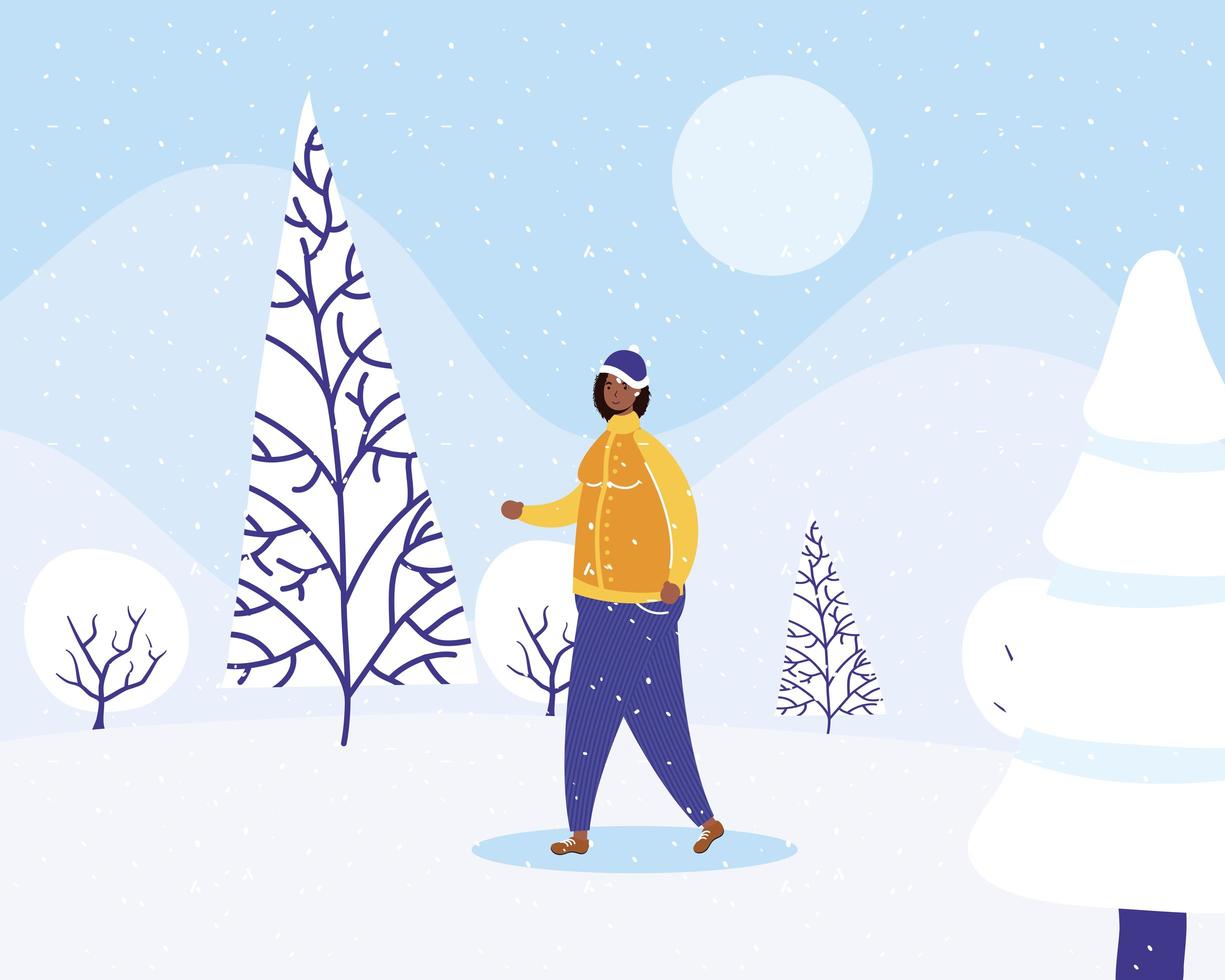 young afro woman wearing winter clothes in snowscape vector