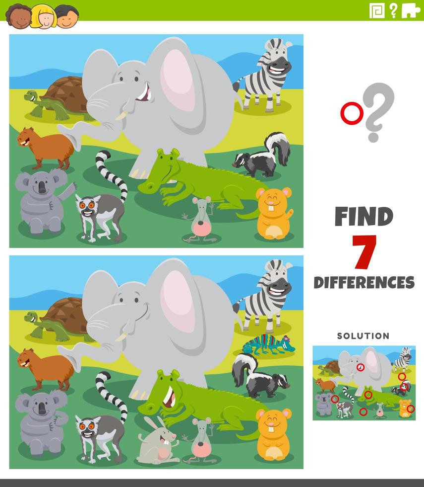 juego educativo de diferencias con animales salvajes de dibujos animados vector