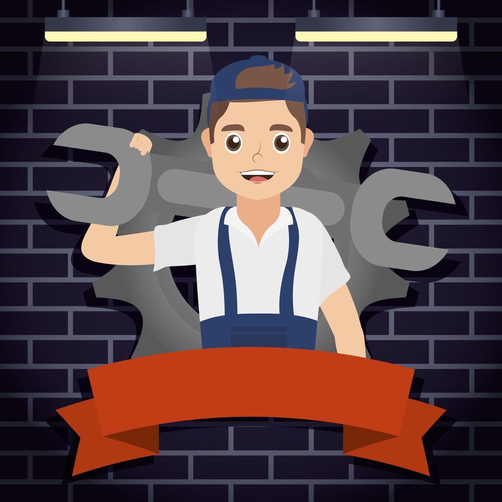 Mechanic man working with wrench vector