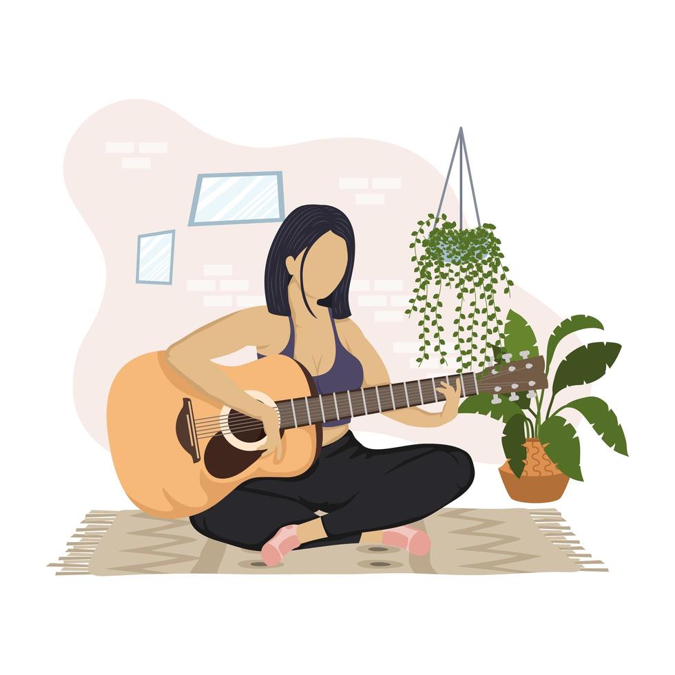 young woman playing guitar in the house vector