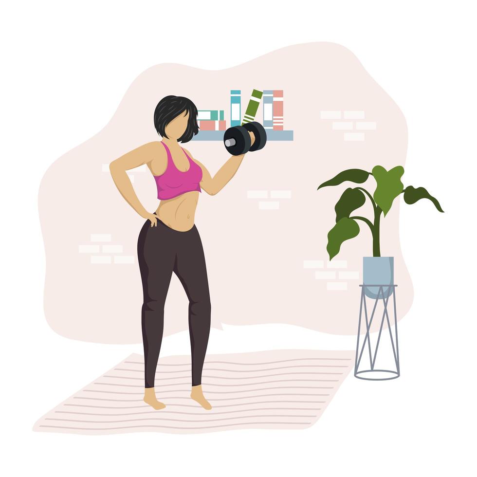 young woman lifting dumbbell in the house vector