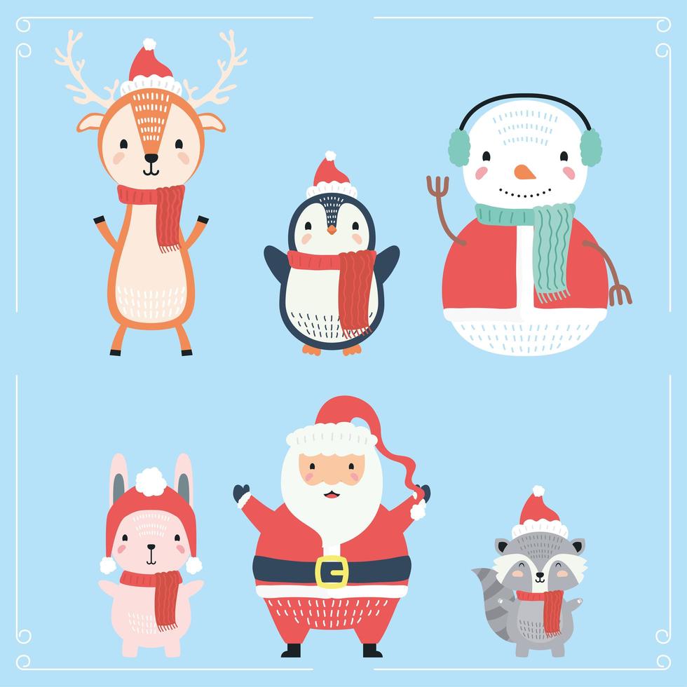 santa and animals wearing christmas clothes characters vector