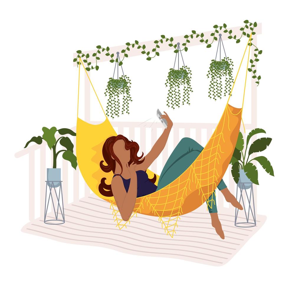 afro young woman taking a selfie in a hammock vector