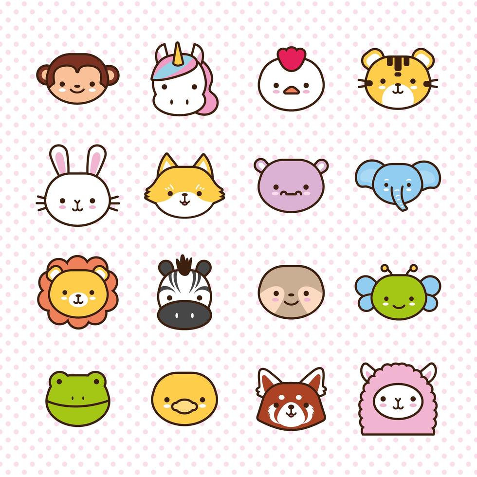 paquete de dieciséis animales kawaii en línea y estilo de relleno vector