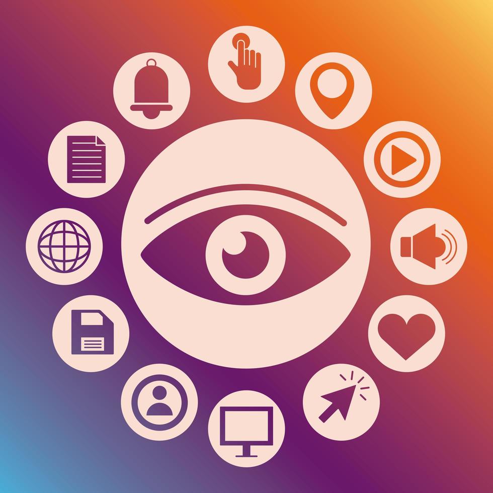 eye with interface set silhouette style icons vector