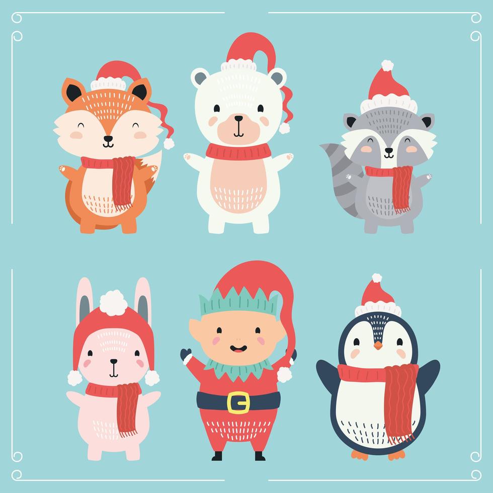 cute animal wearing christmas clothes characters vector