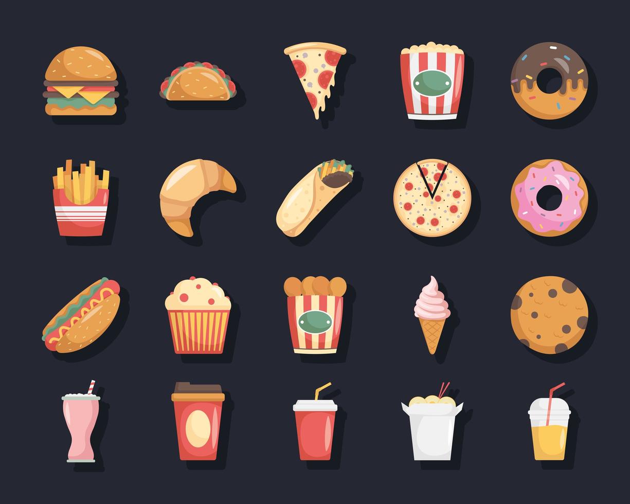 paquete de veinte iconos de comida rápida vector