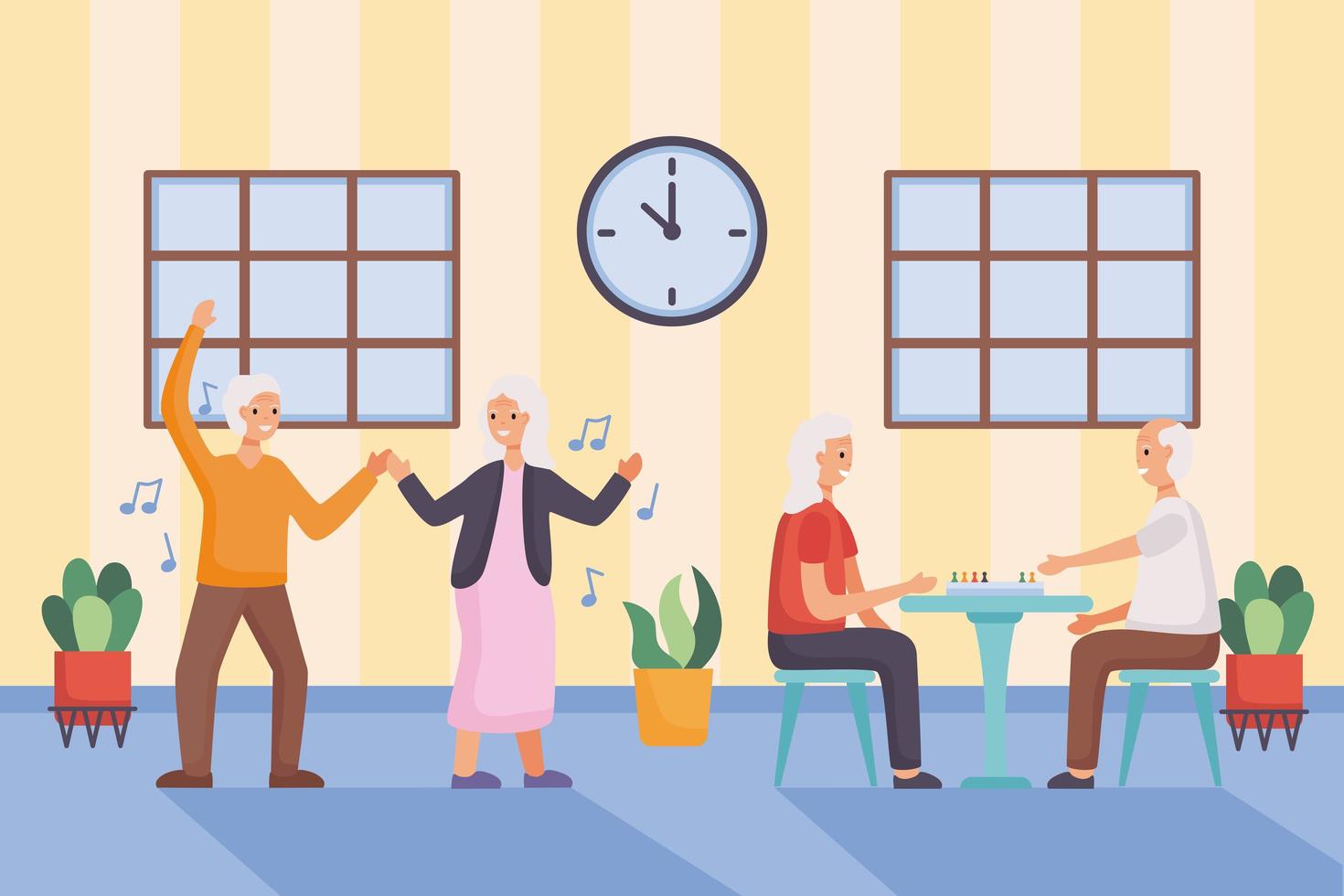active seniors couples dancing and playing ludo characters vector