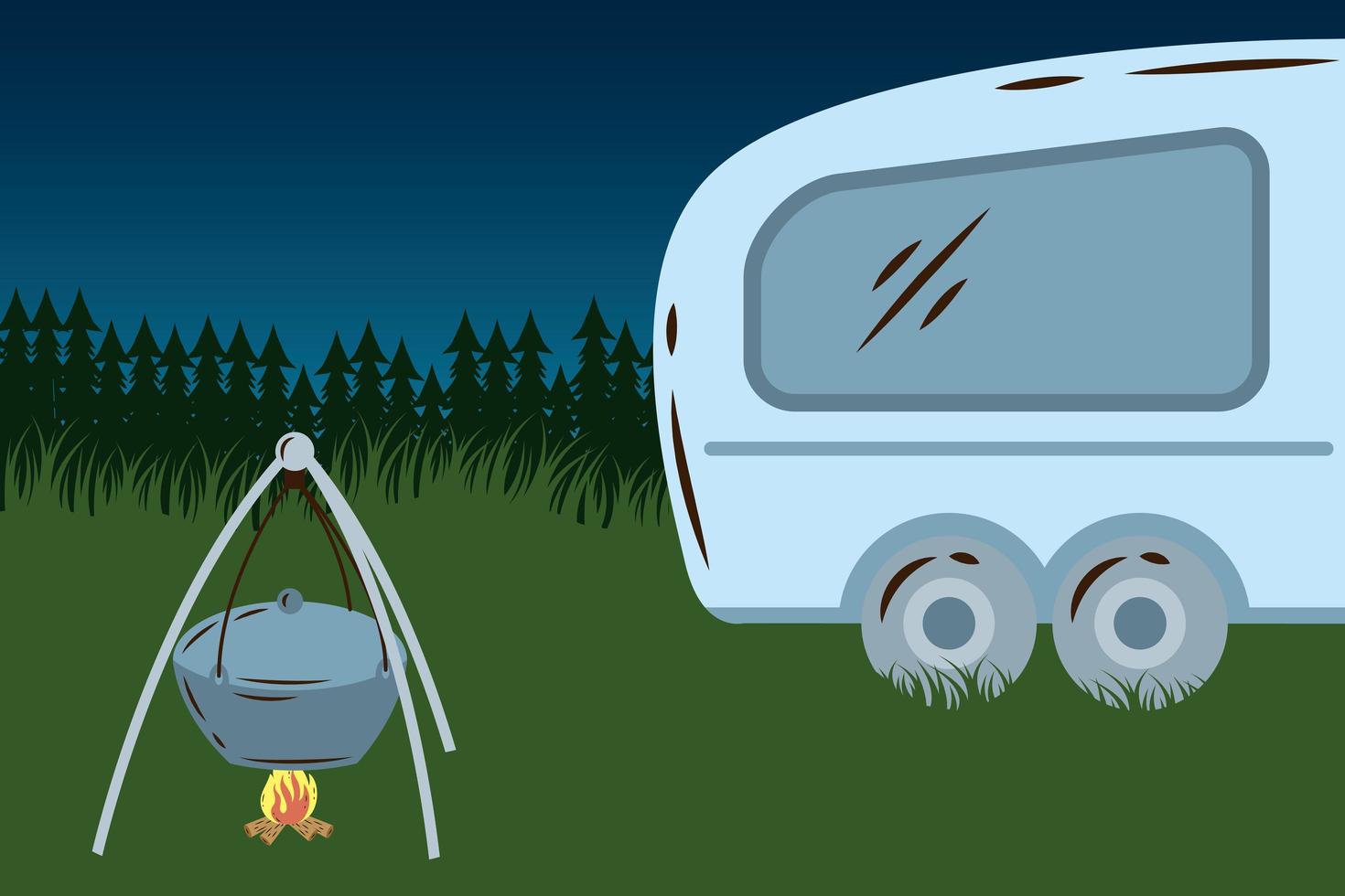 trailer camper house, night camp scene vector