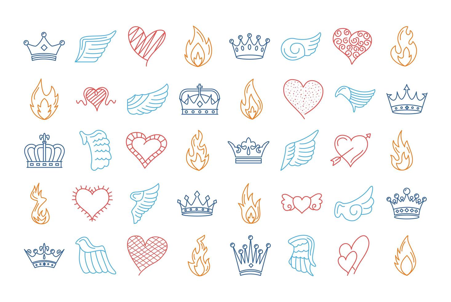 bundle of fourty wings and flames with hearts and crowns vector