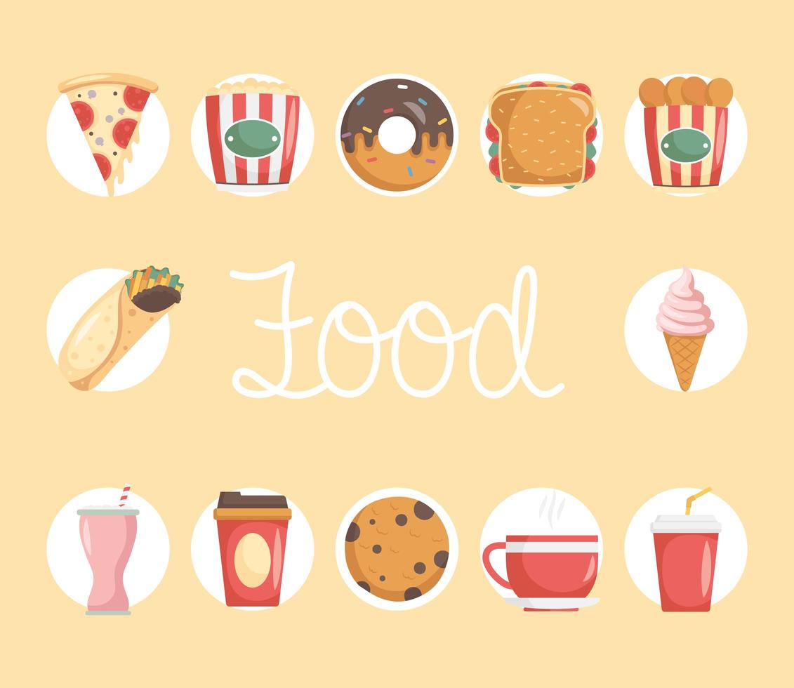 bundle of twelve fast food icons and lettering vector