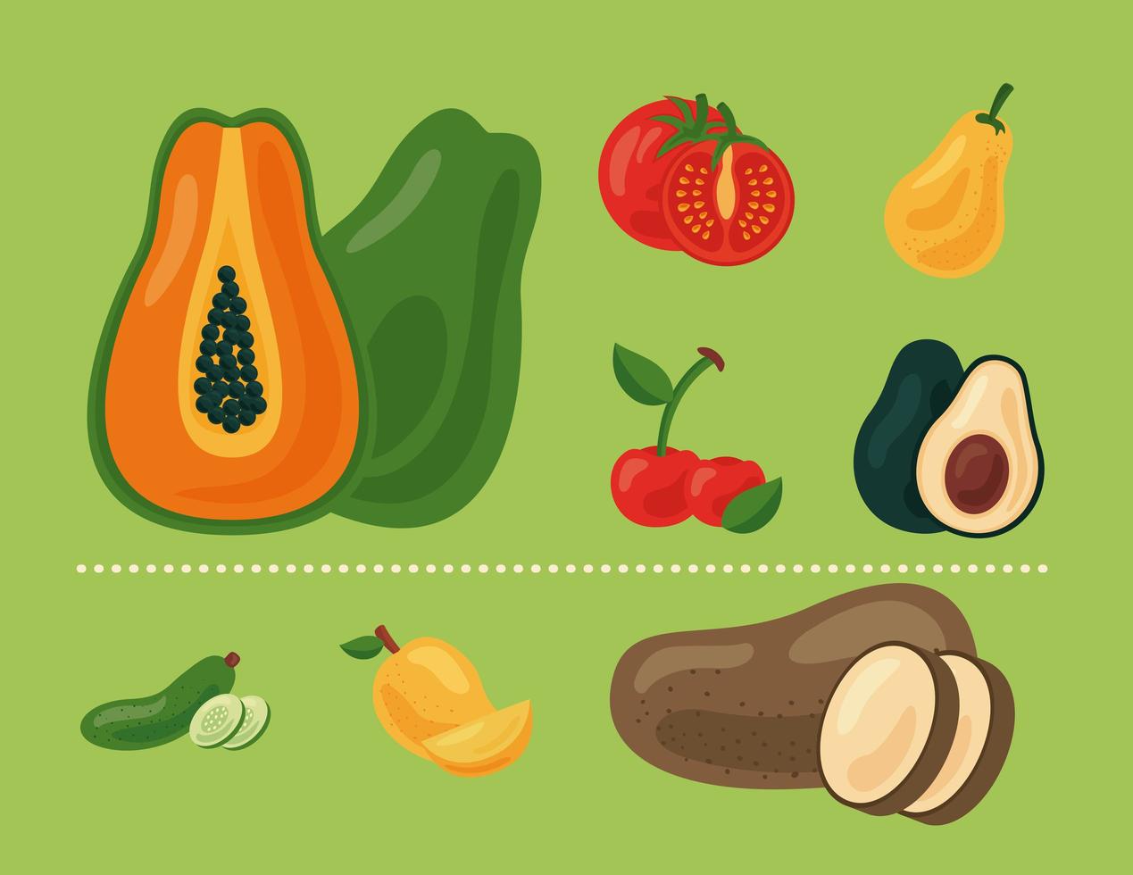 bundle of eight fresh fruits and vegetables, healthy food icons vector