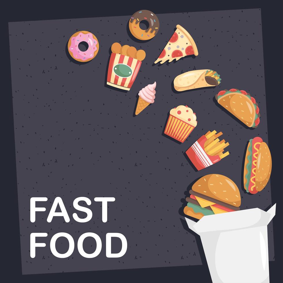 bundle of eleven fast food icons in box and lettering vector